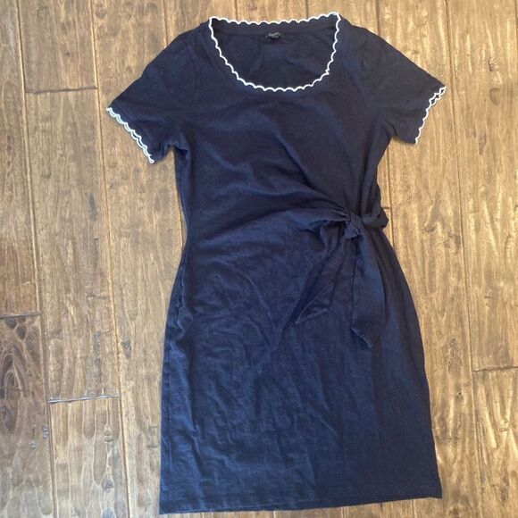 Talbots Nantucket Slub Side Tie Dress Womens Large Navy Nautical Preppy - Picture 3 of 10